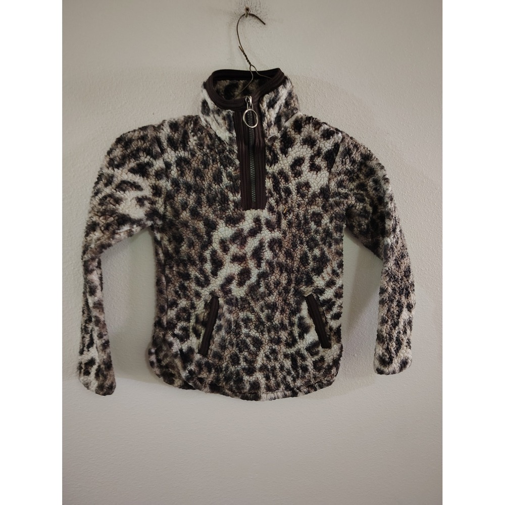 Cuddly Sherpa Leopard Print Quarter Zip Fleece Pullover Brown Cream Size 4